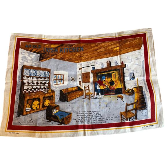 VTG "An Old Irish Kitchen" Pure Linen Made in Ireland Tea Towel or Tapestry - Picture 1 of 9